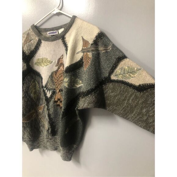 vtg womens wool blend dolman sleeve swt sz S metallic beads leaves quail - Picture 6 of 12
